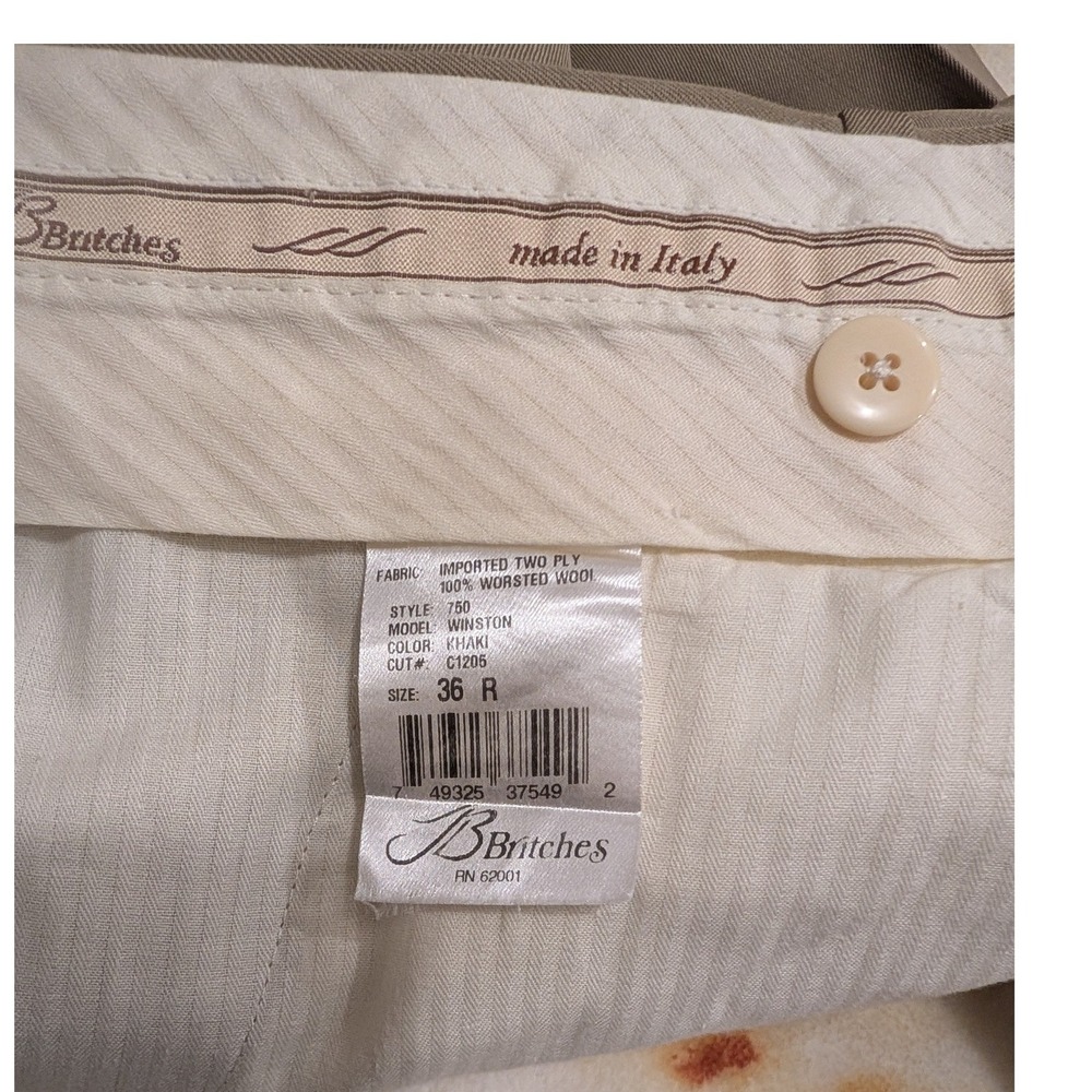 Britches Winston Pleated Dress Pants Mens 36R Khaki Worsted Wool Made in Italy - Picture 4 of 15